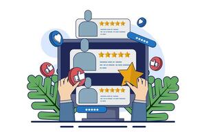 Concept of customer satisfaction indicators for products, services, consumer opinions, reviews, feedback, user experience. online survey. Testimonials, high ratings. Good quality products or services. vector