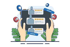 Concept of customer satisfaction indicators for products, services, consumer opinions, reviews, feedback, user experience. online survey. Testimonials, high ratings. Good quality products or services. vector