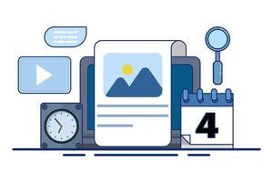 Content Calendar Concept or content planning, social media content, post scheduler, time management organization at work, conceptual landing page template with icons and text. flat illustration. vector