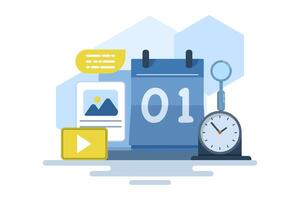 Content Calendar Concept or content planning, social media content, post scheduler, time management organization at work, conceptual landing page template with icons and text. flat illustration. vector