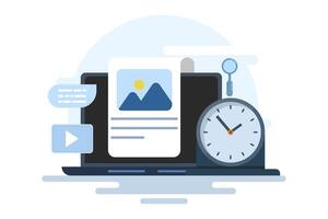 Content Calendar Concept or content planning, social media content, post scheduler, time management organization at work, conceptual landing page template with icons and text. flat illustration. vector