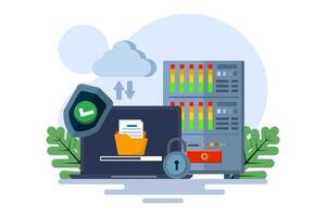 Mobile app concept of cloud storage, data backup, file sharing and online storage with secure access. Cloud synchronization with mobile devices. Digital storage with remote access with. vector
