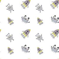 Childrens cute pattern with monsters or aliens in space. Galaxy elements and rockets vector