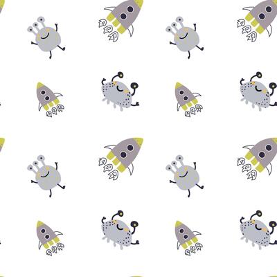 Childrens cute pattern with monsters or aliens in space. Galaxy elements and rockets