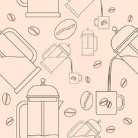 Editable French Press Manual Brewing Coffee Maker Vectorized Illustration in Outline Style with Coffee Beans as Seamless Pattern for Creating Background of Cafe Related Purposes vector