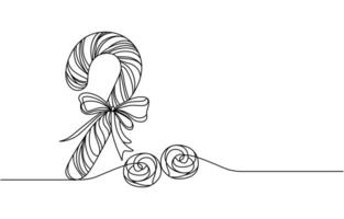 Continuous one line drawing of Christmas candy. Christmas red candy cane isolated on white background. vector