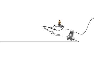 Continuous one line drawing diwali hands holding with lamp candle, Pro . vector