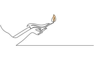 Continuous one line drawing diwali hands holding with lamp candle, Pro . vector