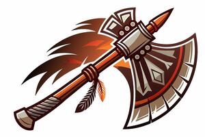 an axe with feathers on it, with a feather on the handle vector