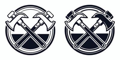 two black and white logos with hammers and axes vector