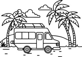 a coloring page with a camper van and palm trees vector