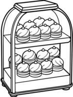 a bakery display with cakes and cookies coloring page vector