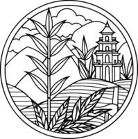 a black and white drawing of a rice field and a pagoda vector