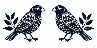 two birds are standing on a branch with leaves vector