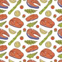 Seamless pattern with Salmon steak and ingredients in flat style. Tomato, slices of lemon, rosemary, arugula, asparagus. Red fish and vegetables design for menu, wallpaper, textile, wrapping. vector