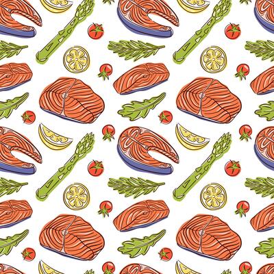 Seamless pattern with Salmon steak and ingredients in flat style. Tomato, slices of lemon, rosemary, arugula, asparagus. Red fish and vegetables design for menu, wallpaper, textile, wrapping.