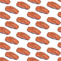 Seamless Salmon pattern in flat style. Piece of red fish. Food design for wallpaper, textile, wrapping, menu. illustration on a white background. vector