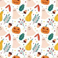 Cute autumn seamless pattern in flat style. Background design with leaves, acorns, rowan, pumpkin with face, ghost. illustration. vector