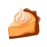 Slice of pumpkin pie with a whipped cream on top. Cartoon style. Cake with smooth, creamy filling and a golden-brown crust for bakery design. illustration isolated on a white background. vector