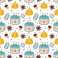 Seamless pattern with candle in a glass cup. Flat style. Burning candle with pumpkin, acorn, rowan berry and cinnamon. Autumn design. illustration on a white background. vector