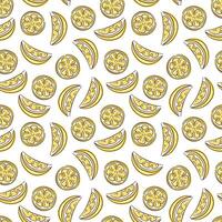 Seamless yellow pattern with lemon in flat style. Design for fabric, label, menu, wallpaper. Slices of a lemon fruit. illustration on a white background vector