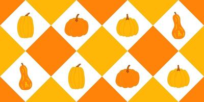 Seamless Pattern with Yellow and Orange Rhombuses and Different Pumpkins, for Textile, Fabric, Wrapping Paper vector