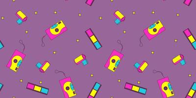 Seamless Pattern with 90s Retro Elements, Photo Objects on a Purple Background vector