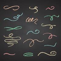 Charcoal pencil hand drawing curly lines. Swishes, swashes, swoops, swooshes, scribbles and squiggles Color chalk elements on Black chalkboard Grunge crayon doodles texture stroke illustration vector