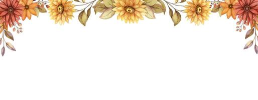 Autumn flower horizontal banner frame with watercolor blossom and branch of leaves. Hand drawn floral corner template in rustic style. Perfect for fall botanical invitation and card designs. vector