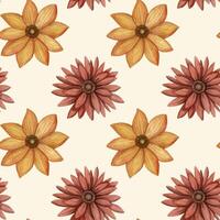 Fall flower Aster and Rudbeckia staggered seamless pattern on the pale yellow background. Hand drawn watercolor autumn floral illustration in red and orange for fabric and paper designs. vector
