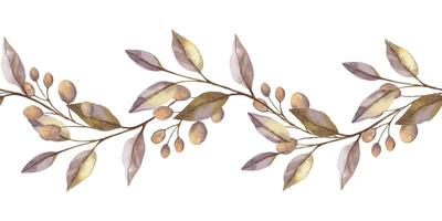 Autumn floral seamless border with watercolor texture leaves and branch of berries. Hand drawn flower curved garland in rustic style. Perfect for fall botanical invitation and card designs. vector