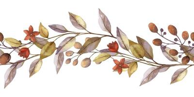 Autumn floral seamless border with watercolor small red flower and branch of leaves. Hand drawn curved garland in rustic style. Perfect for fall botanical invitation and card designs. vector