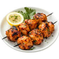 chicken kebabs on skewers with lemon on a white plate png
