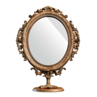 a round mirror on a stand with a wooden base png