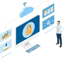 o negócio dados proteção e rede segurança isométrico Projeto conceito com pessoas registro dentro para a computador para Acesso em formação de usando impressão digital. png
