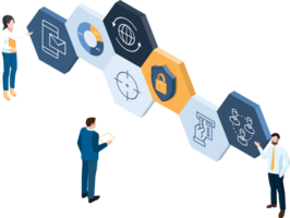 Business person analyzing data security and data protection with a team, symbolizing success and teamwork in finance and technology. png