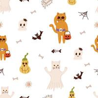 Seamless pattern design with Halloween theme, background with elements cat, skull, ghost, potion, bat, moon, crescent, pumpkins, stars, eyes and candy vector