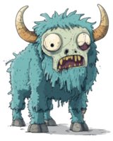 Zombie yak - A cartoonish zombie yak with messy blue fur, large curved horns, and bulging eyes. It has an open mouth showing decayed teeth and a missing eye, standing awkwardly. png