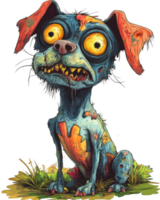 Zombie dog - Bulging yellow eyes, disheveled fur, and sharp, jagged teeth. It has tattered ears, patches of missing fur, and a crazed expression, sitting among colorful flowers. png