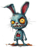 Zombie rabbit - A cartoonish zombie rabbit with bulging yellow eyes, tattered blue fur, and a wide, stitched grin. It has bloody wounds and torn ears, standing with a creepy expression. png