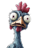 Zombie chicken - A cartoonish zombie chicken with bulging, bloodshot eyes, a drooping red comb, and scruffy blue feathers. It has a dazed expression, large beak, and tattered appearance. png
