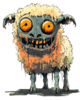 Zombie sheep - A cartoonish zombie sheep with bulging orange eyes and a wide, creepy grin revealing jagged teeth. It has tattered wool, a decaying face, and an eerie, deranged expression. png