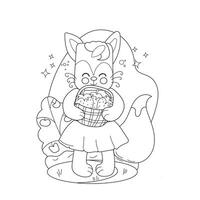 Childrens drawings coloring page. A fox character with oversized ears and a joyful expression stands in a vibrant garden vector