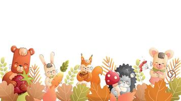 Childrens animals background. A bear, rabbit, squirrel, hedgehog, and mouse surrounded by leaves, branches, mushrooms. vector
