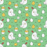 seamless pattern of chickens, collection of chickens, chicks and eggs on a green grass like background vector