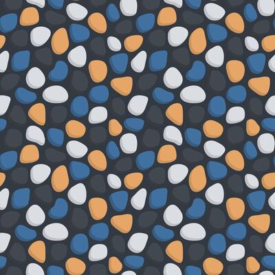 seamless pattern of black, white, blue and orange colored stones on a black background