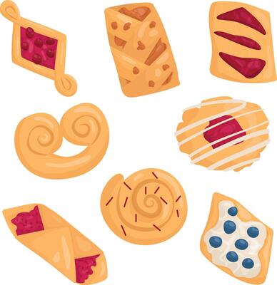 Set with buns, sweet pastries, buns with berries