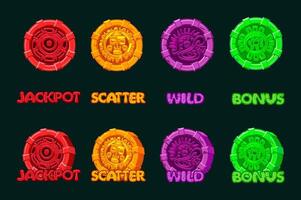 design of symbols of ancient Aztec Civilization, colored hieroglyphs of the Maya calendar. Jackpot, Bonus, Wild and Scatter icons for your slots vector