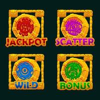 Maya or Aztec symbols in golden frames, colored hieroglyphs of the Maya calendar. Jackpot, Bonus, Wild and Scatter icons for your slots vector