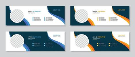Clean and modern email signature or email footer design template with wavy shapes in four different styles, professional personal social media cover banner bundle vector